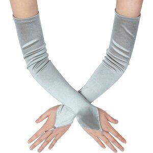Women's Stretchy Silver Finger Loop Long Satin Fabric Gloves Opera Party Prom